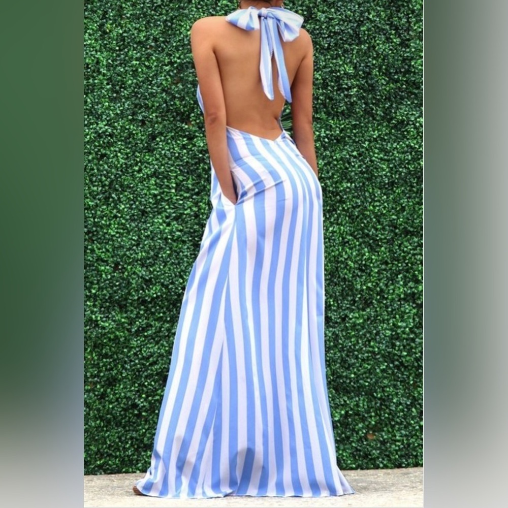 Light Blue Open Back Halter Tie Neck Zipper Closure Striped Detail Maxi Dress